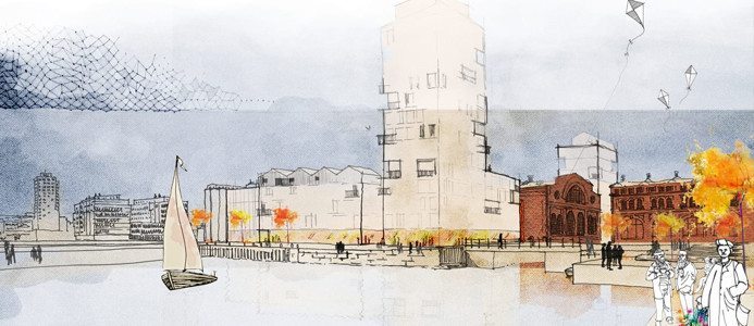 Visionsbild över kajstråket i Varvsstaden.