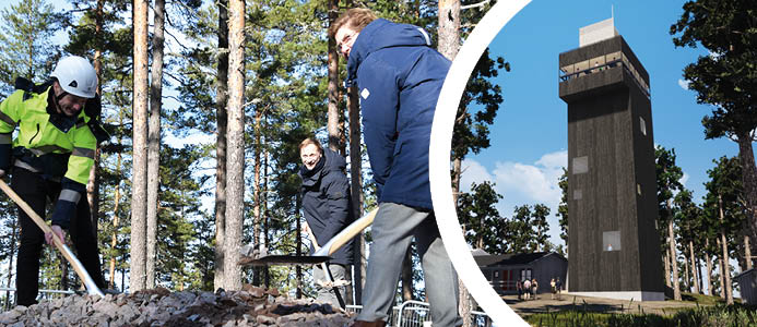 Johan Karlsson, entreprenadchef för ByggPartner, Björn Rinstad, vd Leksands Sparbank och Ylva Thörn, landshövding i Dalarnas län, tar första spadtaget. Bild: ByggPartner / agnasARK