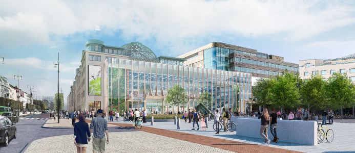 Helsingborg C har fått en ny fasad i glas mot Kungstorget. Illustration: Tengbom