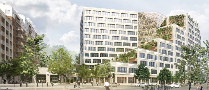Vy från Solnavägen vid nytt torg och nytt kontor. Bild: Nordr