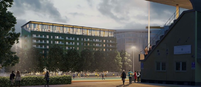 Förslag på nytt bostadshus, vy från idrottsplatsen. Illustration: Alessandro Ripellino Arkitekter