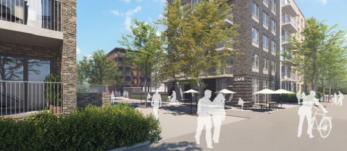 Visionsbild över hörnet Seminariegatan och Vallongatan i ett framtida Börjetull. Illustration: JM