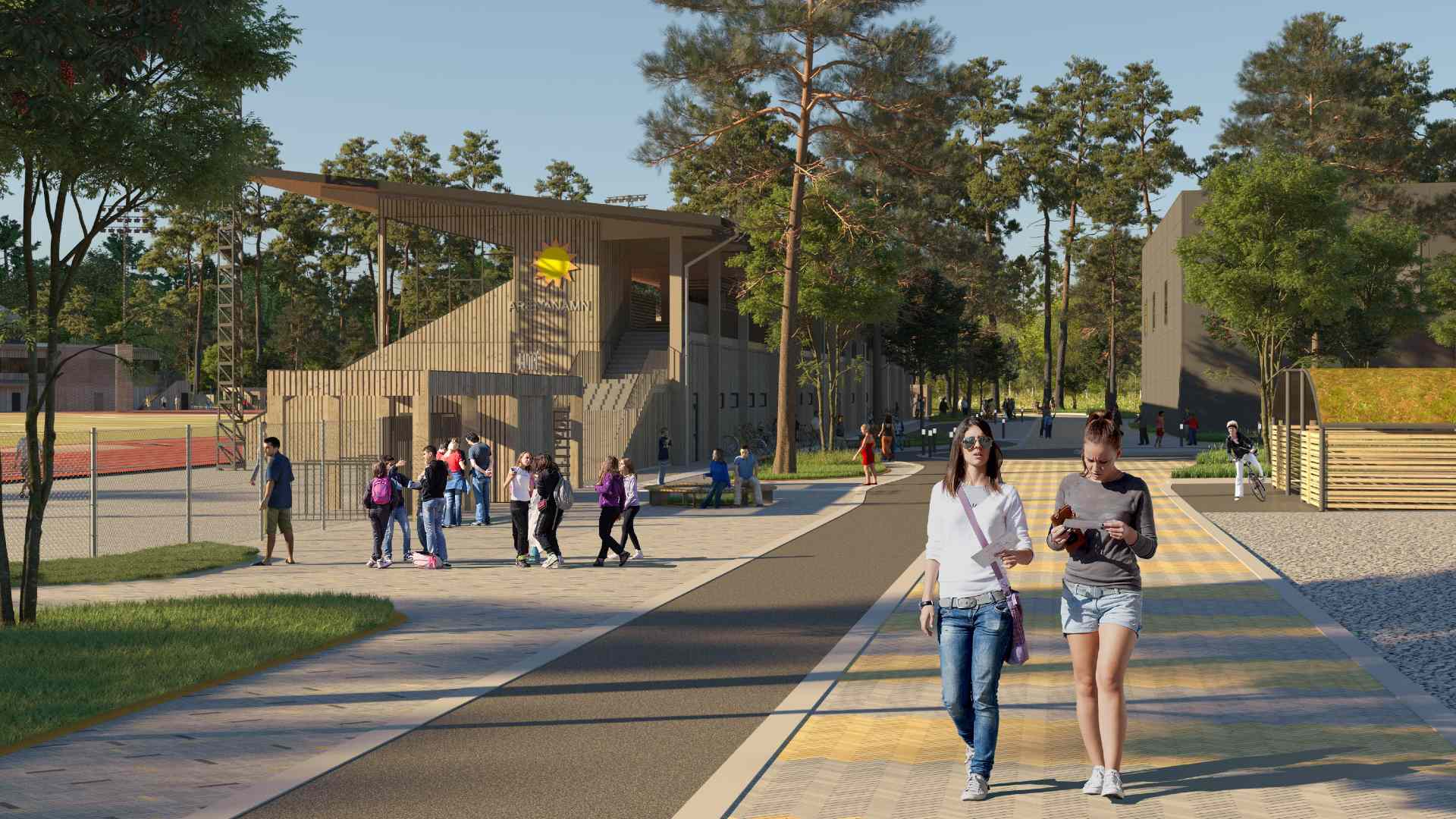 Utomhusarenans stomme kommer bestå av en våning betong och en våning trä. Illustration: Sweco/Karlstads kommun